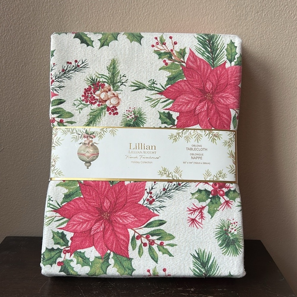 Lillian August Christmas Tablecloth New 60”x144” Poinsettia Holly Berry Shimmery
